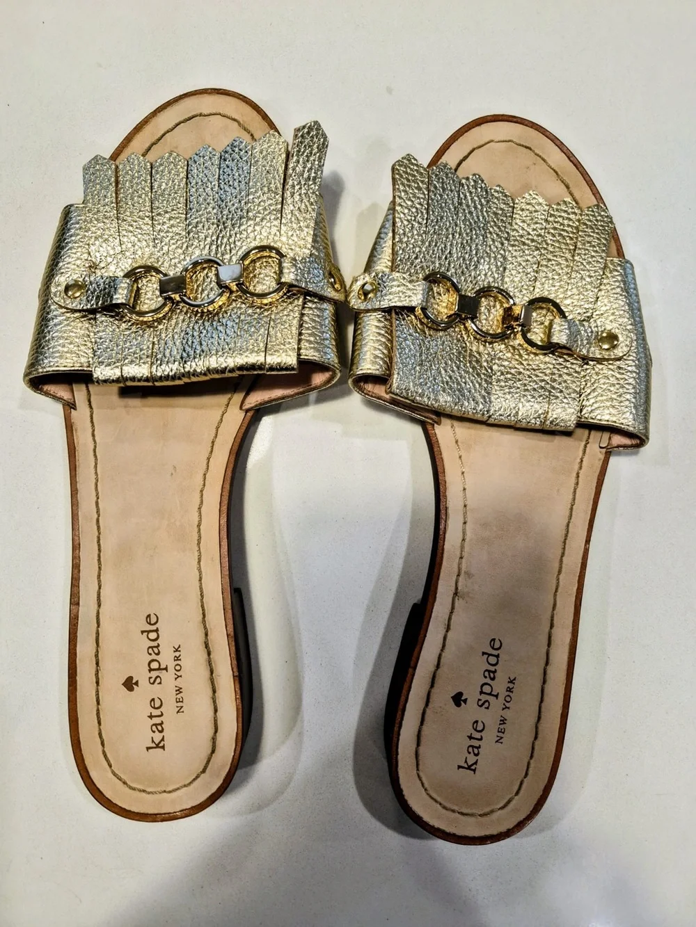 kate spade size 9.5 Metallic Gold Kiltie Fringe Chain Slide Mules